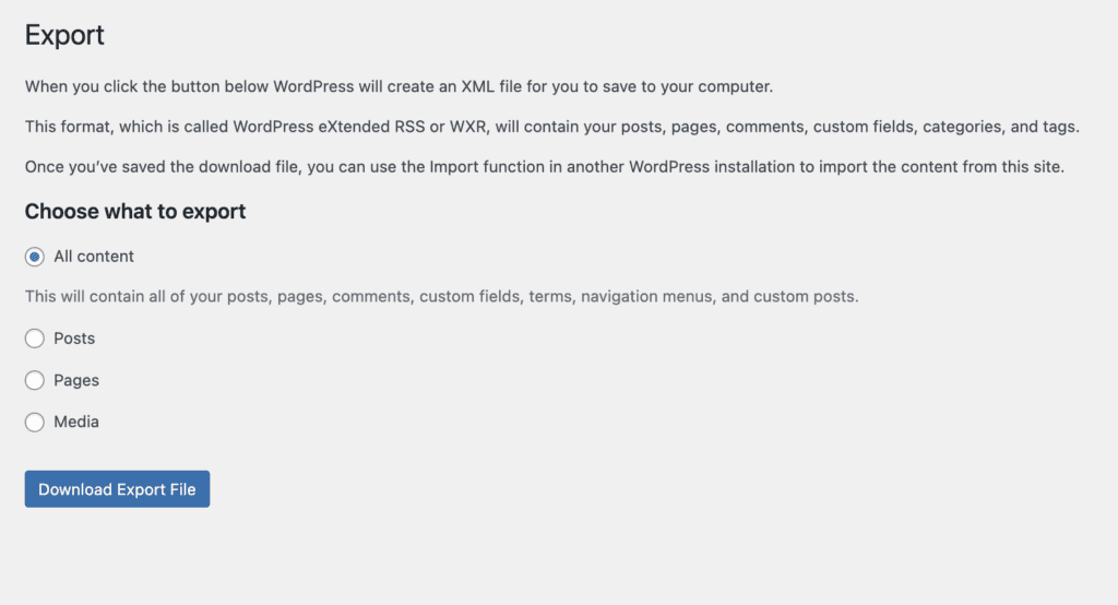 Export content from wordpress